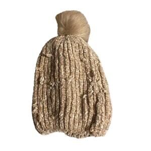 Beige Pom-Pom Stretch Winter Warm Stylish Knitted Hat Women Sz OS